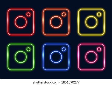 Neon Frame. Camera Icon. Social Media Sign Icon In Neon Style. Vector Illustration.