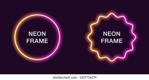 Neon frame in circle shape. Vector template of neon border in orange and pink color, creative glowing circle in outline. Modern background for design of banner and billboard, poster and cover