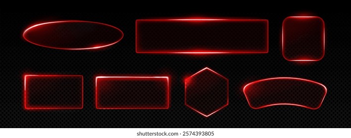 Neon frame collection with glowing red outlines with glass effect. Illuminated geometric shapes - oval, rectangle, square, hexagon set on dark background. Transparent borders for cyberpunk design.