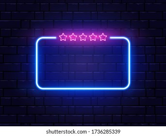 Neon frame with five stars. Neon quiz banner on brick wall. Star rating. Shining signboard. Night bright advertising. Color neon banner. Vector illustration.