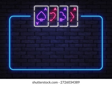 Neon frame with four aces in bright colors on brick wall. Great for poker tournaments, casino visuals, or gambling layouts.