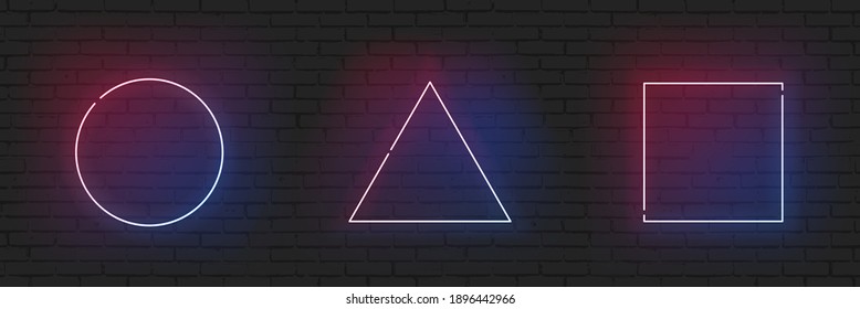 Neon frame geometric set circle, triangle and rectangle border shiny illustration. Led lamp different shapes shine bright on dark brick wall background.