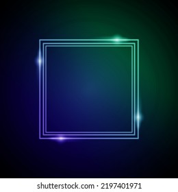 Neon Frame with Glow. Electronic Luminous Square Frame in Blue and Green Colors, for Entertainment Message or Promotion Theme on Dark Background