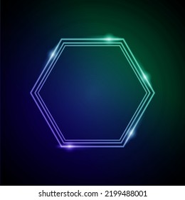 Neonrahmen mit Glanz und Falten. Elektronische heksagonrahmen in Blues-Farben, für Unterhaltungs- oder Werbebotschaften auf dunklem Hintergrund