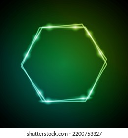 Neon Frame with Glow, and Sparkles. Electronic Luminous Heksagons Frame in Green Colors, for Entertainment Message or Promotion Theme on Dark Backdrop