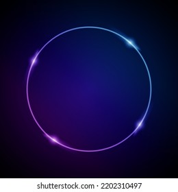 Neon Frame with Glow, and Sparkles. Electronic Luminous Circle Frame in Blue Colors, for Entertainment Message or Promotion Theme on Dark