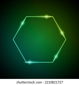 Neon Frame with Glow, and Sparkles. Electronic Luminous Heksagon Frame in Green Colors, for Entertainment Message or Promotion Theme on Dark Background