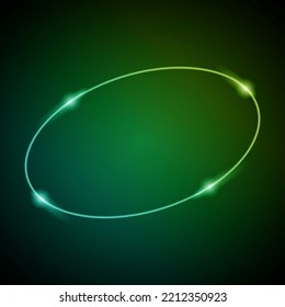Neon Frame with Glow, and Sparkles. Electronic Luminous Oval Frame in Green Colors, for Entertainment Message or Promotion Theme on Dark Background