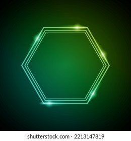 Neon Frame with Glow, and Sparkles. Electronic Luminous Heksagons Frame in Green Colors, for Entertainment Message or Promotion Theme on Dark Background
