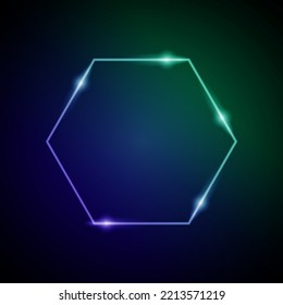 Neon Frame with Glow, and Sparkles. Electronic Luminous Heksagon Frame in Blue and Green Colors, for Entertainment Message or Promotion Theme on Dark Background