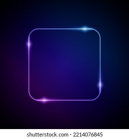 Neon Frame with Glow, and Sparkles. Electronic Luminous Rounded Square Frame in Blue Colors, for Entertainment Message or Promotion Theme on Dark