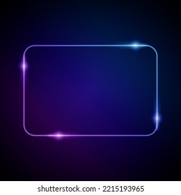 Neon Frame with Glow, and Sparkles. Electronic Luminous Rounded Rectangle Frame in Blue Colors, for Entertainment Message or Promotion Theme on Dark
