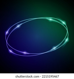 Neon Frame with Glow, and Sparkles. Electronic Luminous Ovals Frame in Blue and Green Colors, for Entertainment Message or Promotion Theme on Dark Backdrop