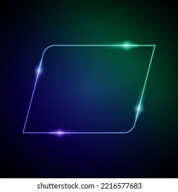 Neon Frame with Glow, and Sparkles. Electronic Luminous Parallelograms Frame in Blue and Green Colors, for Entertainment Message or Promotion Theme on Dark Background