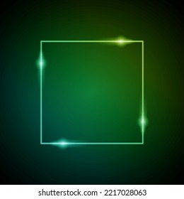 Marco de neón con resplandor y espárragos. Marco cuadrado luminoso electrónico en colores verdes, para mensaje de entretenimiento o tema de promoción sobre fondo oscuro