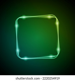 Neon Frame with Glow, and Sparkles. Electronic Luminous Rounded Square Frame in Green Colors, for Entertainment Message or Promotion Theme on Dark