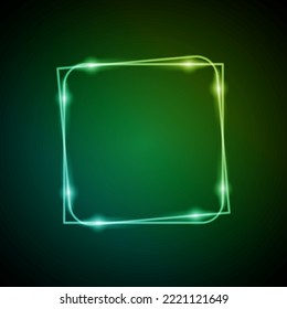 Neon Frame with Glow, and Sparkles. Electronic Luminous Squares Frame in Green Colors, for Entertainment Message on Dark Background