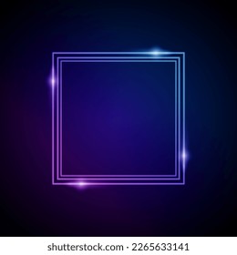 Neon Frame with Glow, and Sparkles. Electronic Luminous Rounded Squares Frame in Blue Colors, for Entertainment Message on Dark Backdrop