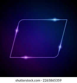 Neon Frame with Glow, and Sparkles. Electronic Luminous Parallelogram Frame in Blue Colors, for Entertainment Message or Promotion Theme on Dark