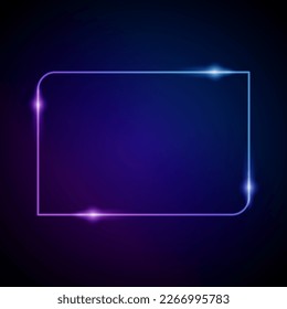 Marco de neón con resplandor y espárragos. Marco rectangular luminoso electrónico en colores azules, para mensaje de entretenimiento o tema de promoción en fondo oscuro