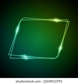 Marco de neón con resplandor y espárragos. Marco de paralelogramas luminosos electrónicos en colores verdes, para mensaje de entretenimiento o tema de promoción en la oscuridad
