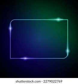 Marco de neón con resplandor y espárragos. Marco rectangular luminoso electrónico en colores azul y verde, para mensaje de entretenimiento o tema de promoción sobre fondo oscuro