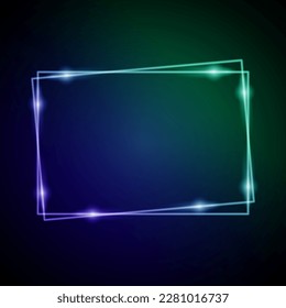 Neonrahmen mit Glanz und Falten. Elektronische, helle Rahmen in Blau- und Grünfarben, für Unterhaltungs- oder Werbebotschaften auf schwarzem Hintergrund