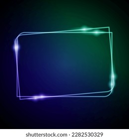 Neon Frame with Glow, and Sparkles. Electronic Luminous Rectangles Frame in Blue and Green Colors, for Entertainment Message or Promotion Theme on Dark Background