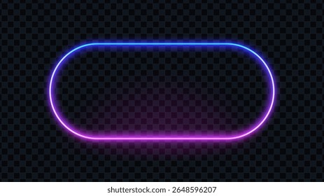 Quadro de néon brilhante com um design linear e futurista. Retângulo arredondado com luz azul e roxa no plano de fundo transparente para faixa de anúncio.