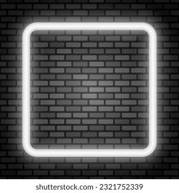 Neon frame. Glowing white element on dark brick wall. Best for polygraphy, print  and web design. EPS 10.