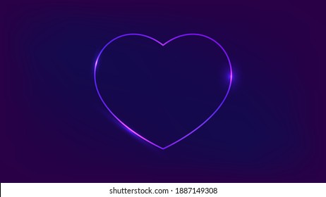 Neon frame in heart form with shining effects on dark background. Empty glowing techno backdrop. Vector illustration.