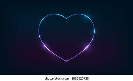 Neon frame in heart form with shining effects on dark background. Empty glowing techno backdrop. Vector illustration.