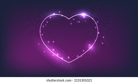 Neon frame in heart form with shining effects and sparkles on dark background. Empty glowing techno backdrop. Vector illustration