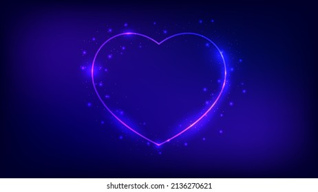 Neon frame in heart form with shining effects and sparkles on dark background. Empty glowing techno backdrop. Vector illustration