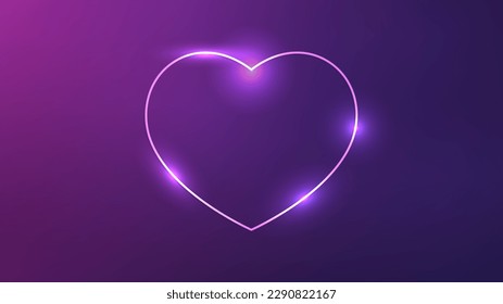 Neon frame in heart form with shining effects on dark purple background. Empty glowing techno backdrop. Vector illustration