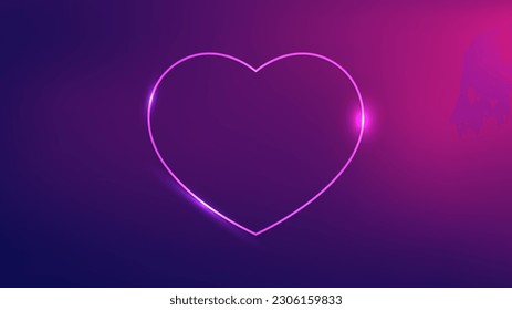 Neon frame in heart form with shining effects on dark purple background. Empty glowing techno backdrop. Vector illustration