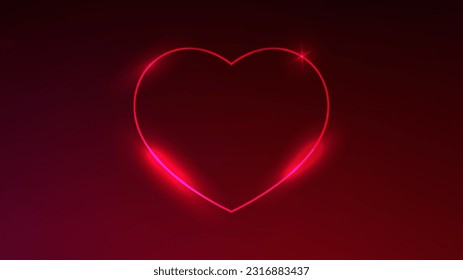 Neon frame in heart form with shining effects on dark red background. Empty glowing techno backdrop. Vector illustration