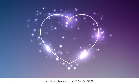 Marco neón en forma de corazón con efectos brillantes y destellos en fondo azul. Fondo tecno brillante vacío. Ilustración del vector