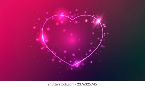Neon frame in heart form with shining effects and sparkles on dark red background. Empty glowing techno backdrop. Vector illustration