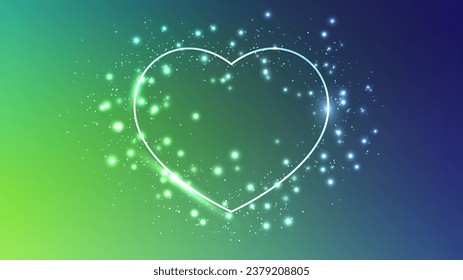 Neon frame in heart form with shining effects and sparkles on dark green background. Empty glowing techno backdrop. Vector illustration