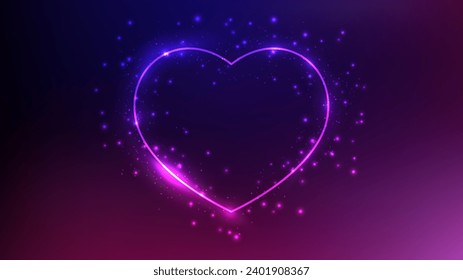 Neon frame in heart form with shining effects and sparkles on dark purple background. Empty glowing techno backdrop. Vector illustration