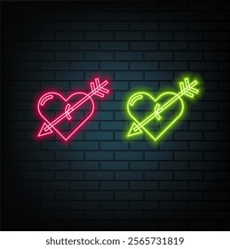 Neon frame in heart form with shining effects on dark background. Empty glowing techno backdrop. Vector illustration..