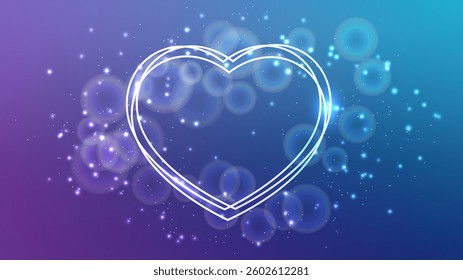 Neon frame in heart form with shining effects and sparkles on blue background. Empty glowing techno backdrop. Vector illustration