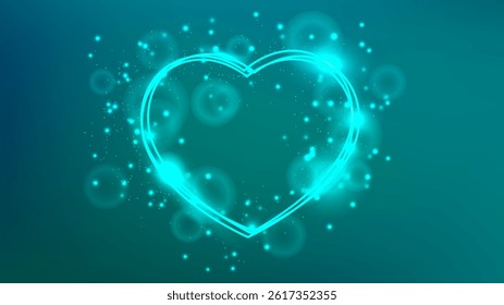 Neon frame in heart form with shining effects and sparkles on green background. Empty glowing techno backdrop. Vector illustration