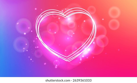 Neon frame in heart form with shining effects and sparkles on red background. Empty glowing techno backdrop. Vector illustration