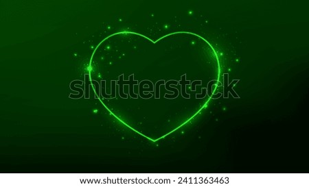 Neon frame in heart form with shining effects and sparkles on dark green background. Empty glowing techno backdrop. Vector illustration