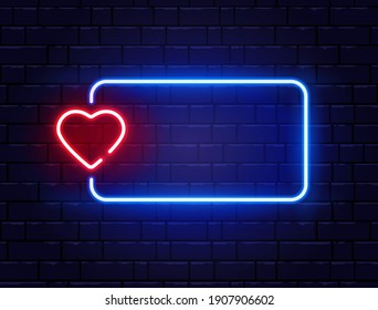 Neon frame with heart. Retro red neon heart sign. Bright night neon signboard on brick wall with backlight. Romantic dinner. Love symbol. Night disco design element. Vector illustration.