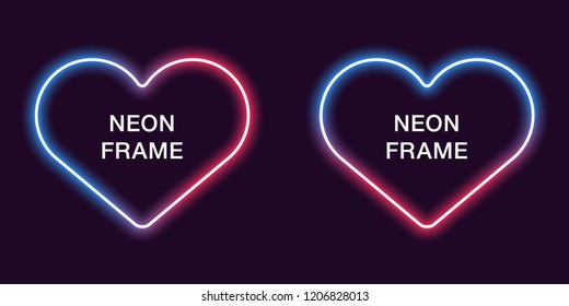 Neon frame in heart shape. Vector template of neon border in blue and red color, creative glowing heart in outline. Modern background for design of banner and billboard, poster and cover