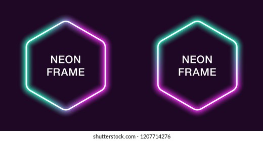 Neon frame in hexagonal shape. Vector template of neon border in turquoise and purple color, creative glowing hexagon in outline. Modern background for design of banner and billboard, poster and cover