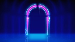 Neon Frame, Led Arch, Light Lines. Background, Backdrop For Displaying Products. Blue Pink Purple Neon Arch, Frame. Glowing Sparkling Portal. Stage. Vector Illustration